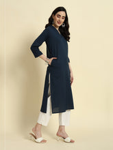 Thread Plus Cotton Flax Straight Kurti In Navy Blue Color For Women